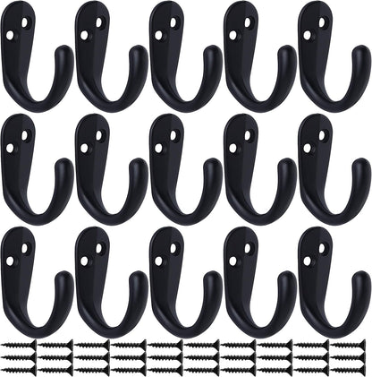 15PCS Coat Hooks Wall Mounted Single Prong Robe Hook for Hanging Towel Hooks with 30 Screws for Bags, Hat, Cap, Scarf, Cup (Black)