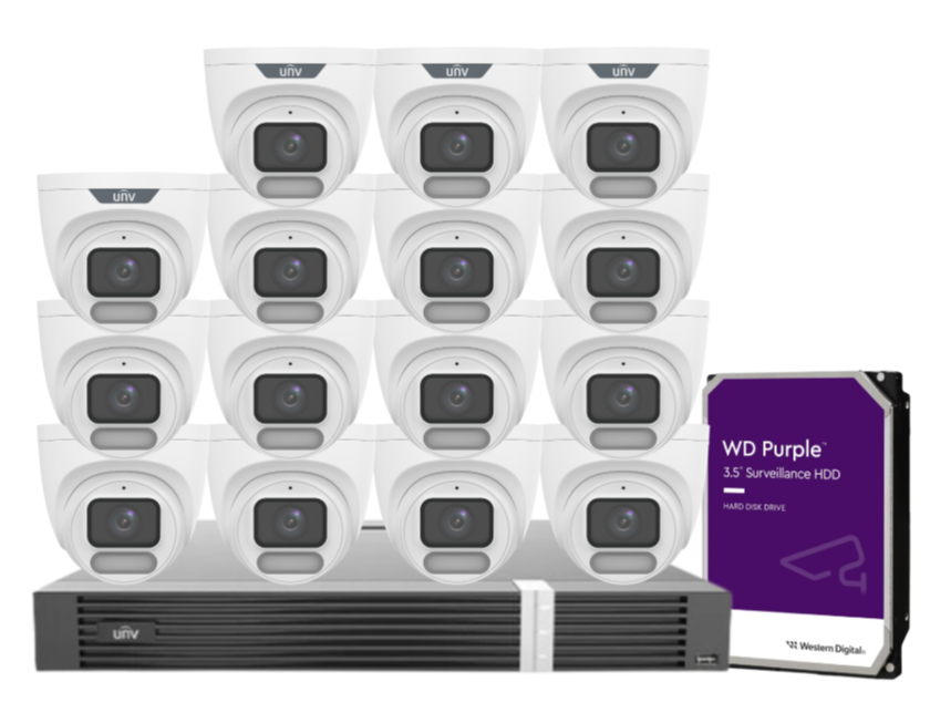 Uniview OWLVIEW 8MP 4K Surveillance Kit – 16x Full-Color Turret Cameras + 16-Channel AI NVR with HDD| IPC3628LE-ADF28K-WP + NVR302-16E2-P16-IQ 0235C6QW | ColorHunter | PoE | Ultra 265