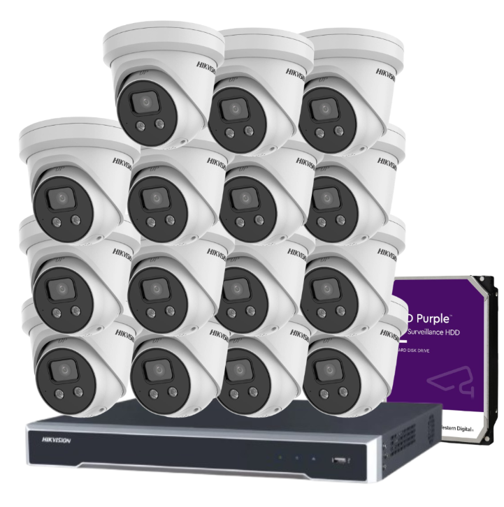 Hikvision 6MP AcuSense 16-Camera CCTV Kit with 16-Channel 8K PoE NVR | DS-2CD2366G2-ISU/SL Cameras + HIK-7616NI-M2/16P Recorder + HDD | Strobe Light + Two-Way Audio | IP67 Rated