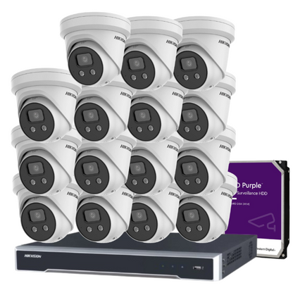 Hikvision 6MP AcuSense 16-Camera CCTV Kit with 16-Channel 8K PoE NVR | DS-2CD2366G2-ISU/SL Cameras + HIK-7616NI-M2/16P Recorder + HDD | Strobe Light + Two-Way Audio | IP67 Rated