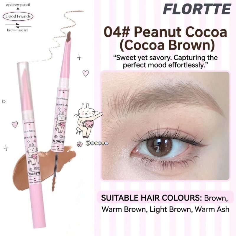 FLORTTE dual-ended eyebrow mascara, 04 Peanut Cocoa cocoa brown shade with brush and spoolie