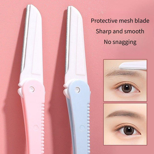 Pair of foldable double-ended eyebrow razors, pink and blue handles with silver blades