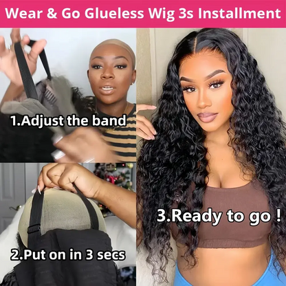 Curly black glueless lace wig on model, natural hairline and full head coverage