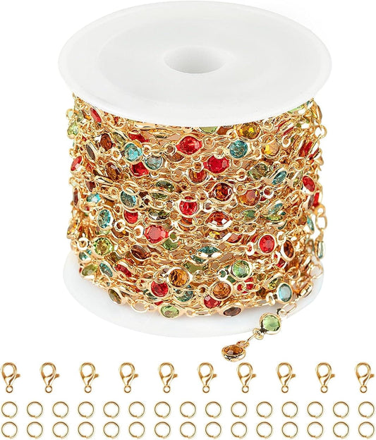 Gold rhinestone beaded chain roll with colorful links and jump rings