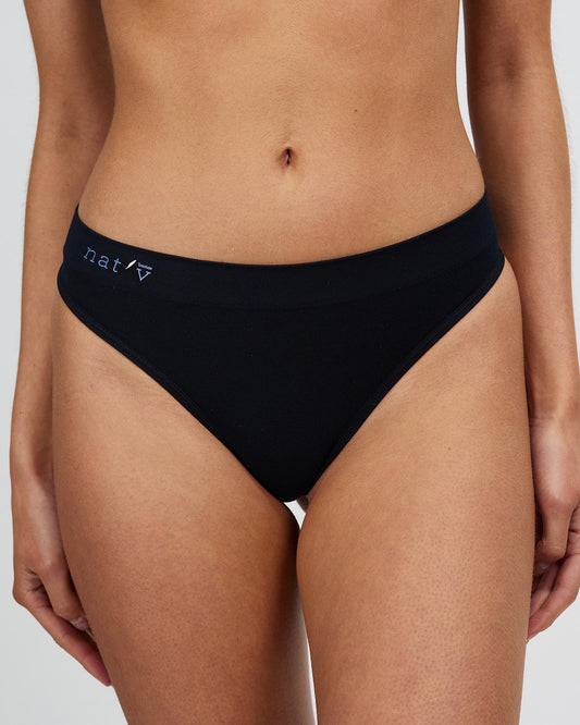 Black cheeky g-string panties with wide waistband and visible nat logo