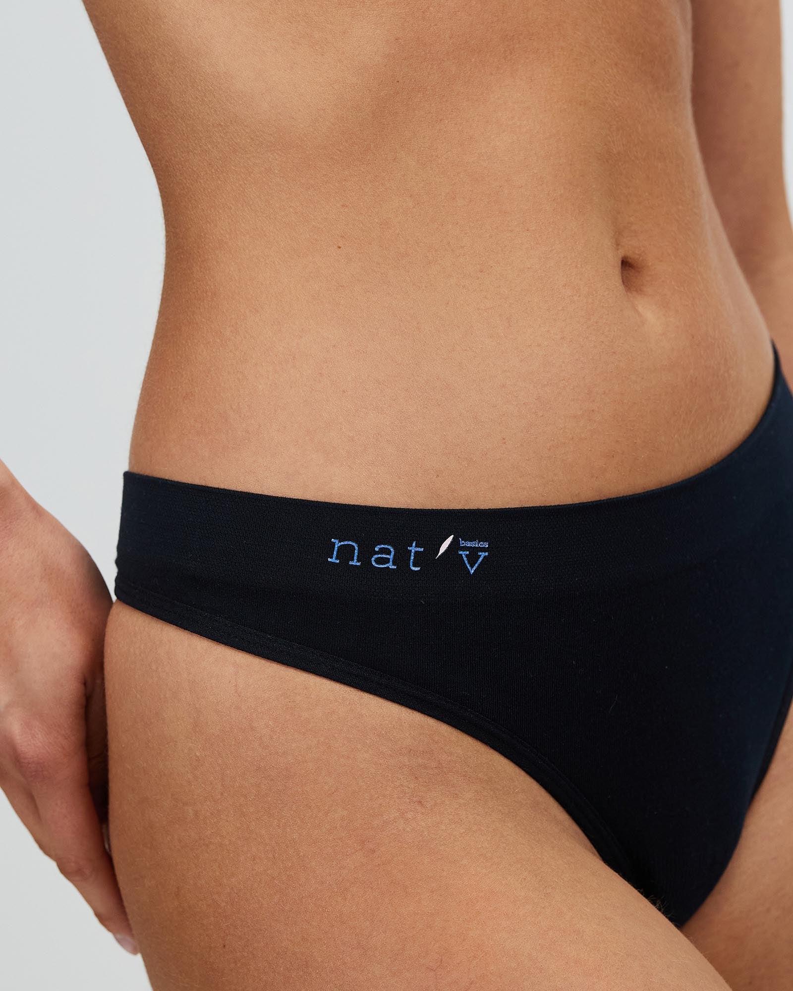Black cheeky g-string panties with nat logo on the waistband
