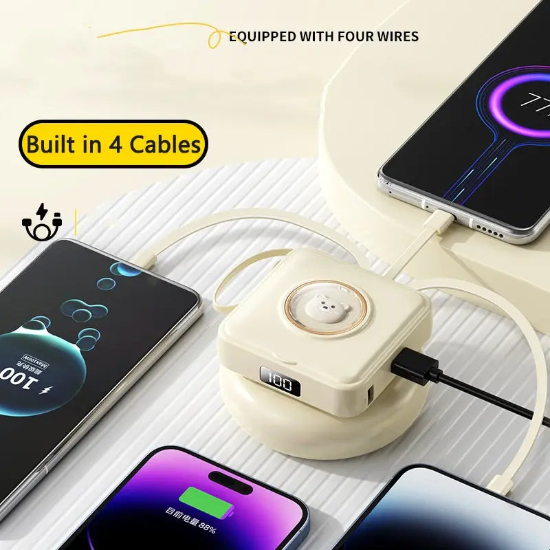 Cream makeup mirror power bank with pet cartoon face and attached charging cables