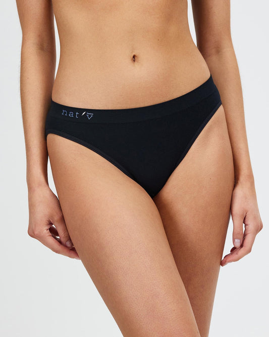 Black bikini brief underwear with mid-rise cut
