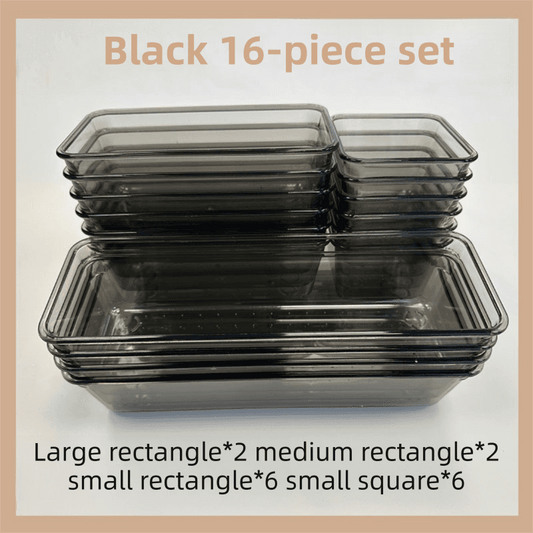 Transparent stackable organizer set with 16 clear trays and black tinted lids