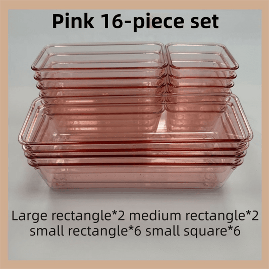 Pink transparent stackable organizer set, 4-size clear trays with 16 compartments