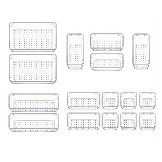 Set of clear stackable organizer boxes in multiple sizes, showing all included pieces