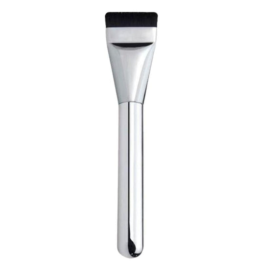 Flat foundation brush with black bristles and metallic silver handle