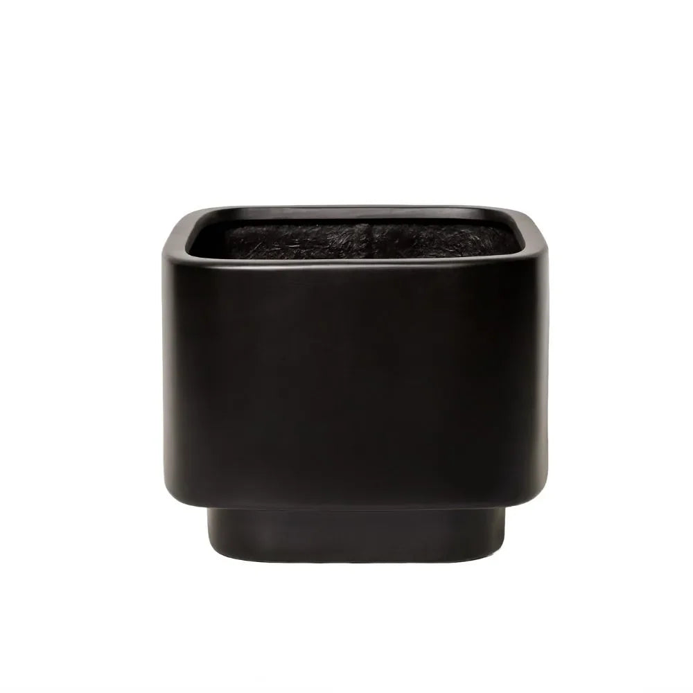 Black cube planter with wide rim and recessed inner opening