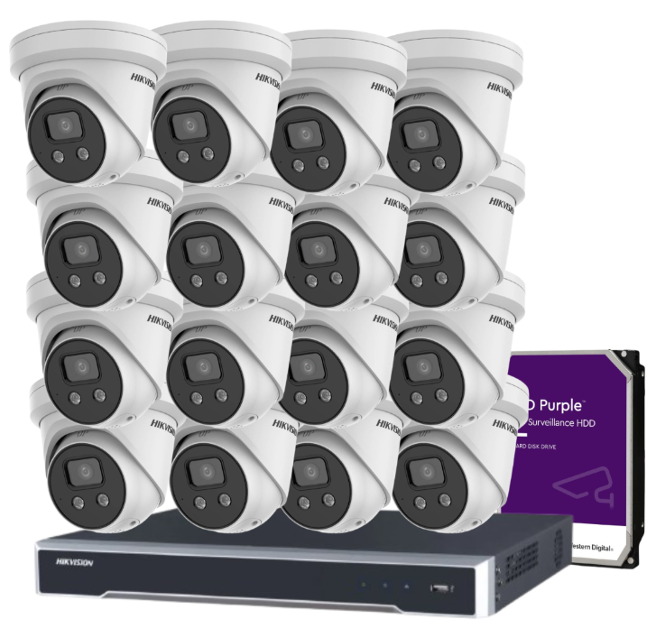 Hikvision 6MP AcuSense 16-Camera CCTV Kit with 16-Channel 8K PoE NVR | DS-2CD2366G2-ISU/SL Cameras + HIK-7616NI-M2/16P Recorder + HDD | Strobe Light + Two-Way Audio | IP67 Rated