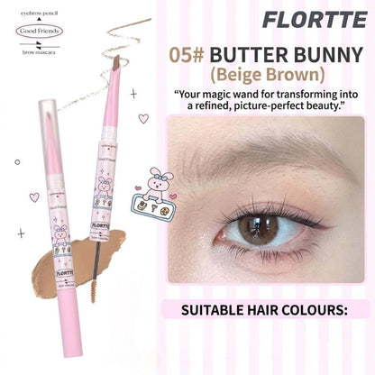 FLORTTE dual-ended eyebrow mascara, 05 Butter Bunny beige-brown shade with brush and spoolie