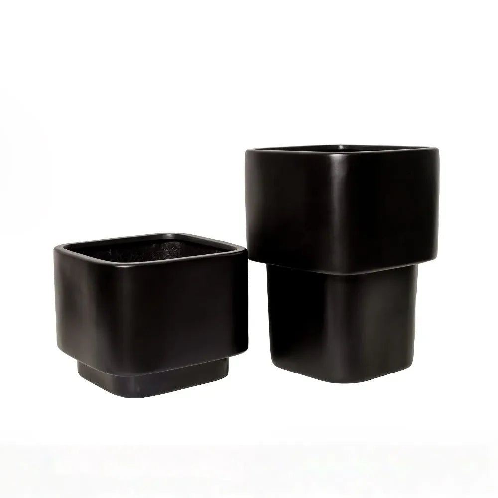 Black cube planter set with small and large planters, two-tier look