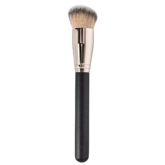 Foundation brush with black handle and silver ferrule, soft gray bristles