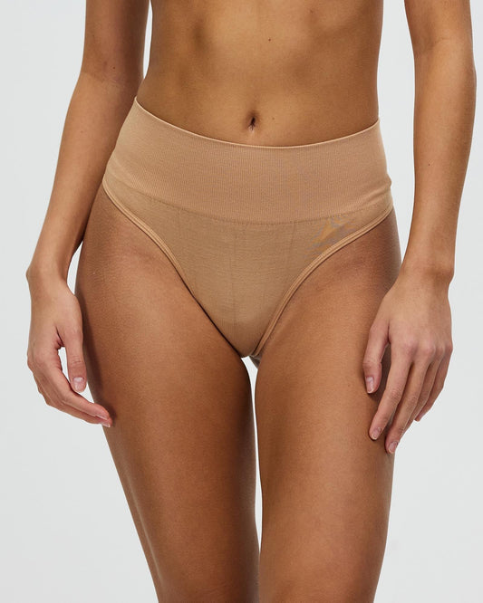 Beige high-rise lingerie briefs with high-cut leg openings