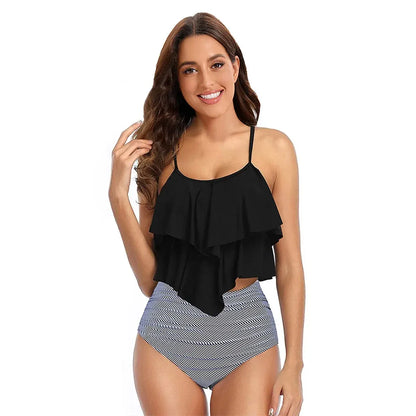 Women’s black ruffle halter swim top with blue-and-white striped high-waist bikini bottoms