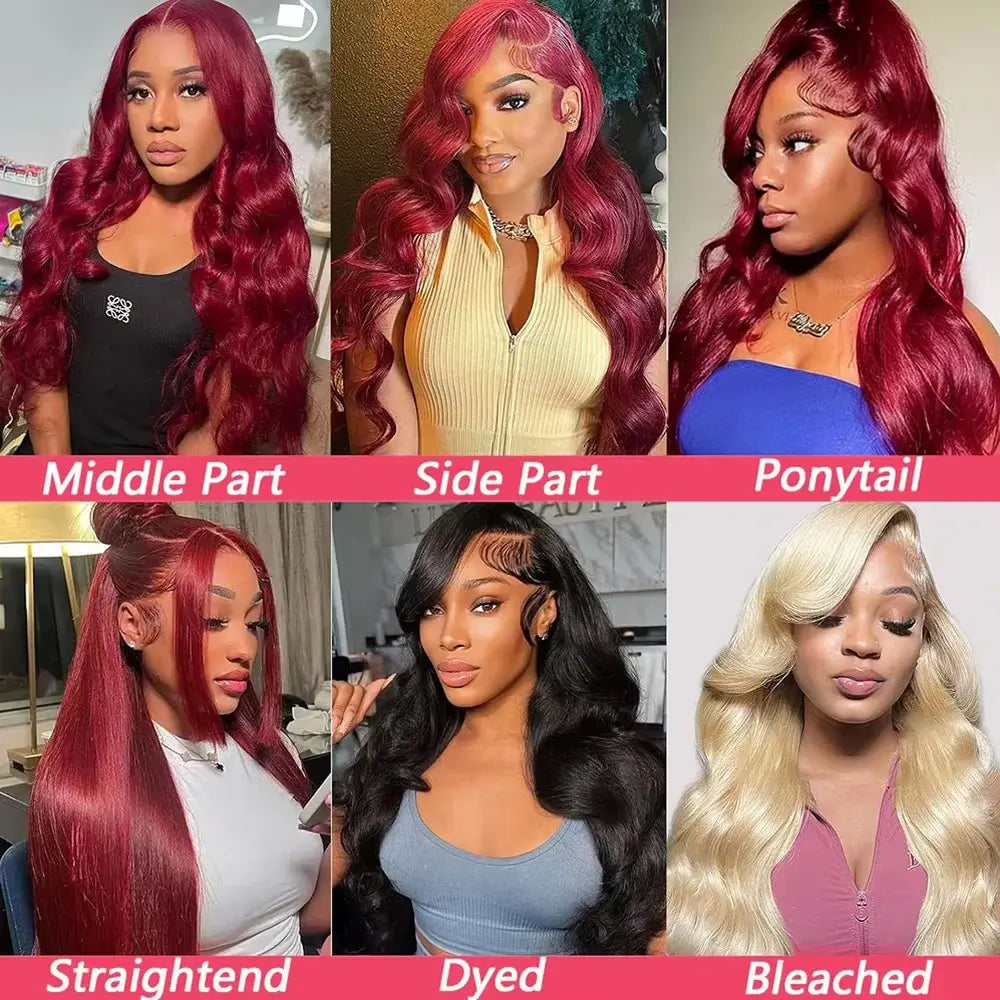Burgundy body wave wig with styled parts and visible hair texture