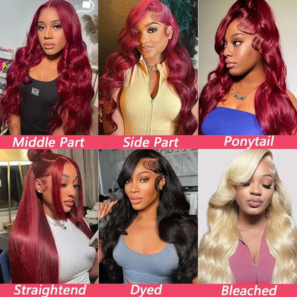 Burgundy body wave wig with styled parts and visible hair texture