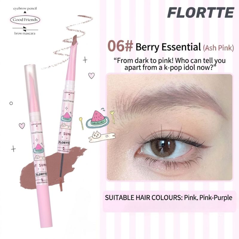 FLORTTE dual-ended eyebrow mascara, 06 Berry Essential ash pink shade with brush and spoolie