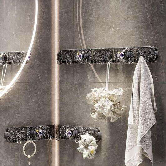 Black decorative foldable hook rail with suction cups and hanging hooks for towels