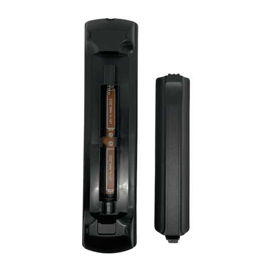 Black Panasonic remote control with battery compartment visible and back cover detached