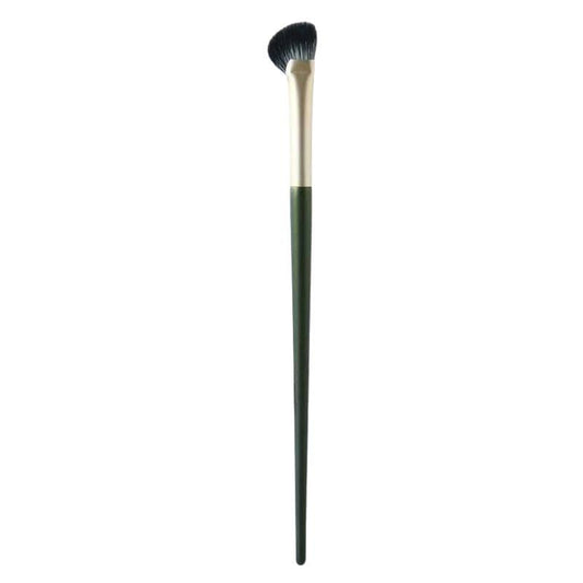 Fan nose shadow brush with green handle, black bristles, and gold ferrule.