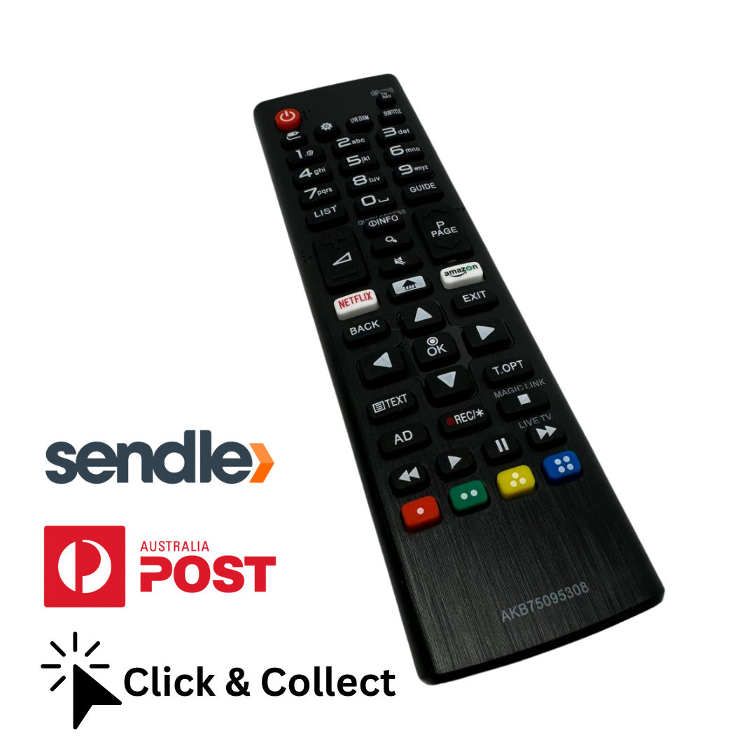 Black universal TV remote control with colored shortcut buttons and navigation pad