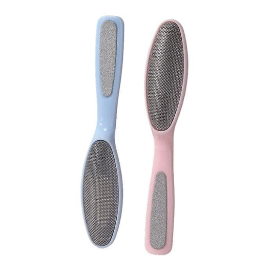 Dual-action foot file with textured stainless steel pads, blue and pink handles