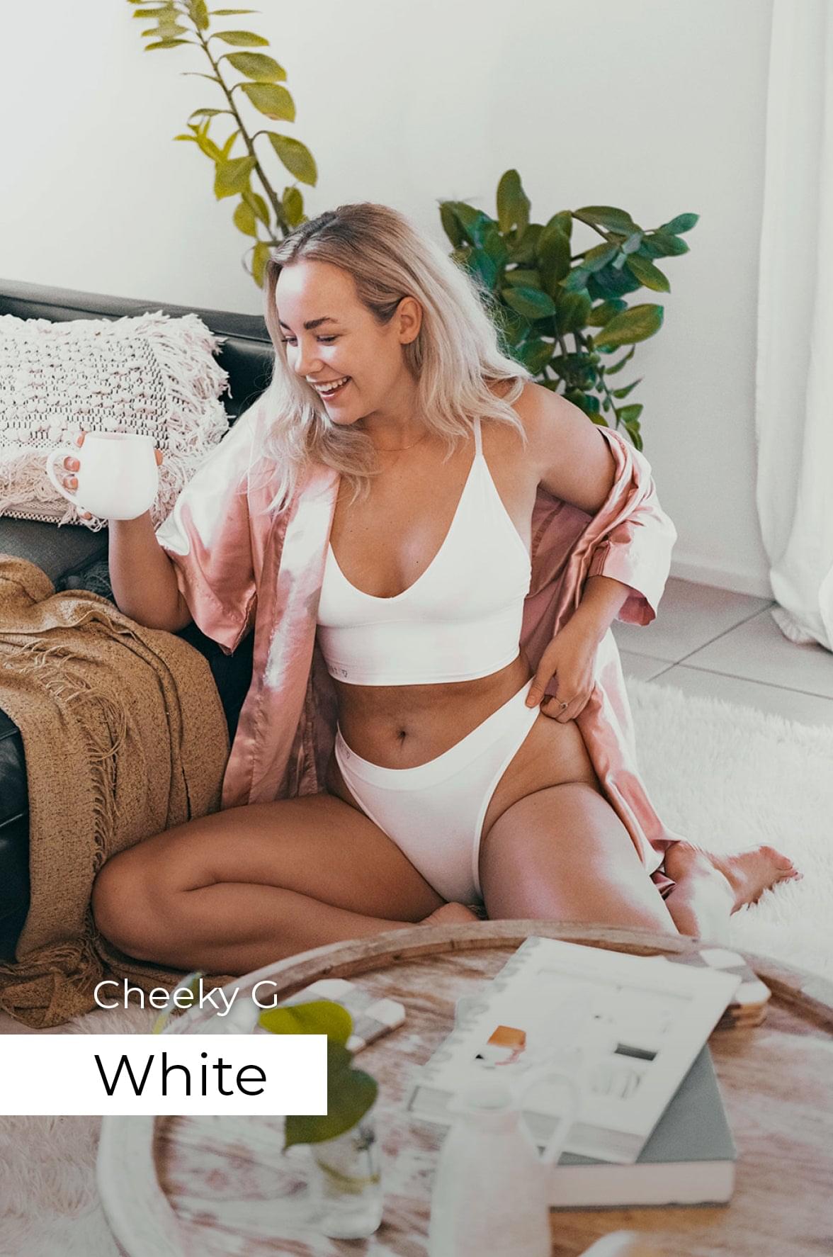 White cheeky G-string underwear with thin sides and low rise coverage