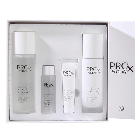 Skincare set with four PROx by OLAY bottles and tubes in a gift box