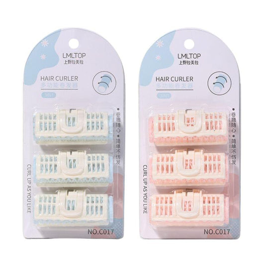 3-piece small hair curler set with pastel blue and pink rollers in blister pack