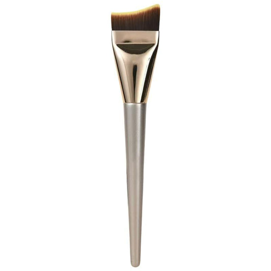 Fishtail foundation brush with silver handle and dense brown bristles