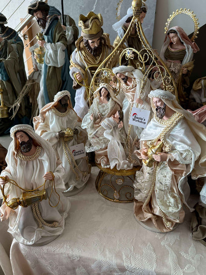 45cm Gold & White Holy Family Nativity Set in Gazebo – Handmade Christmas Religious Decoration with 3 Wise Men