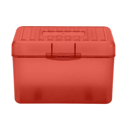 Red plastic index card holder with flip-top lid and front buckle storage case.