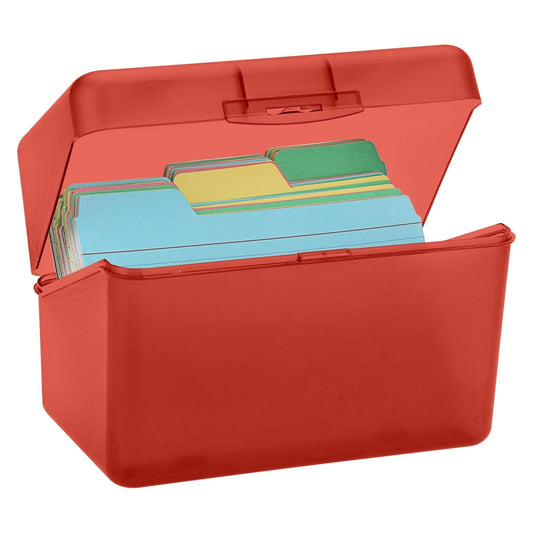 Red plastic index card holder with open flip-top lid holding stacked cards.