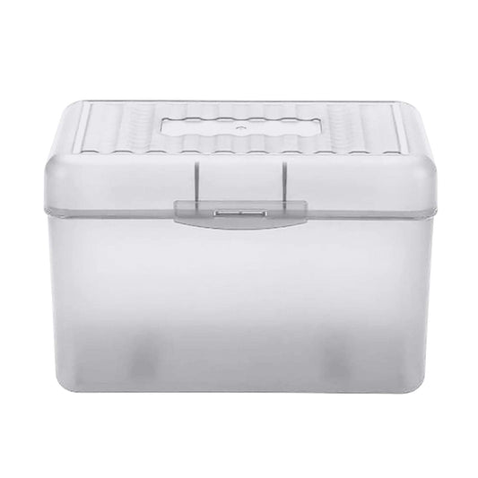 Plastic index card holder with flip-top lid, gray translucent body