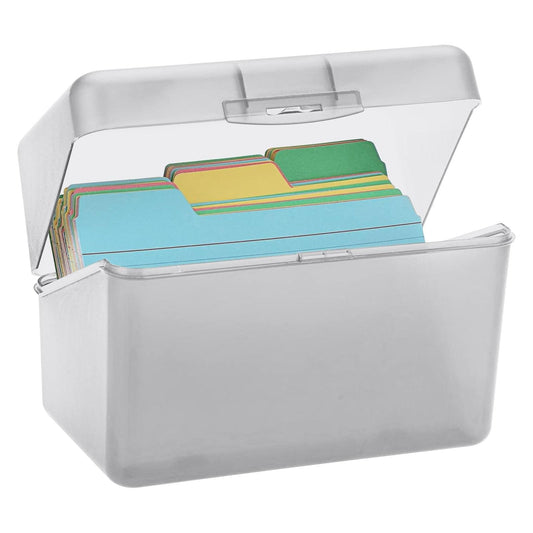 Plastic index card holder with flip-top lid, gray, holding stacked note cards