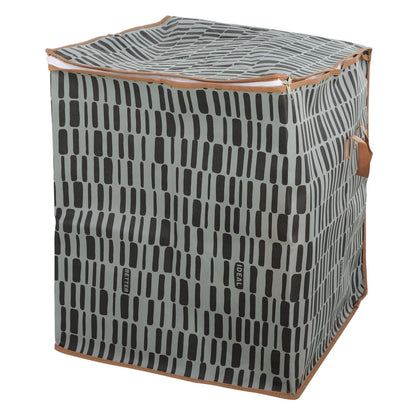 Folding storage bag with zipper, gray grid pattern, reinforced carry handles