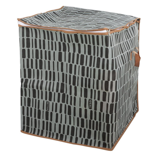 Folding storage bag with zipper, gray grid pattern, reinforced carry handles
