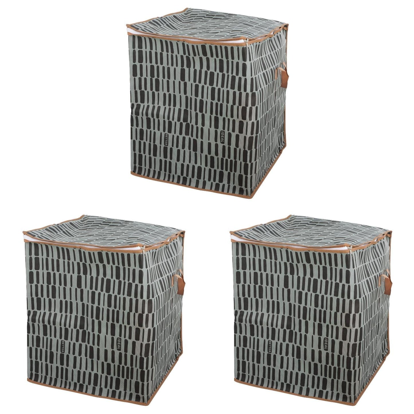 Set of folding storage bags with zipper, gray grid pattern, tan handles