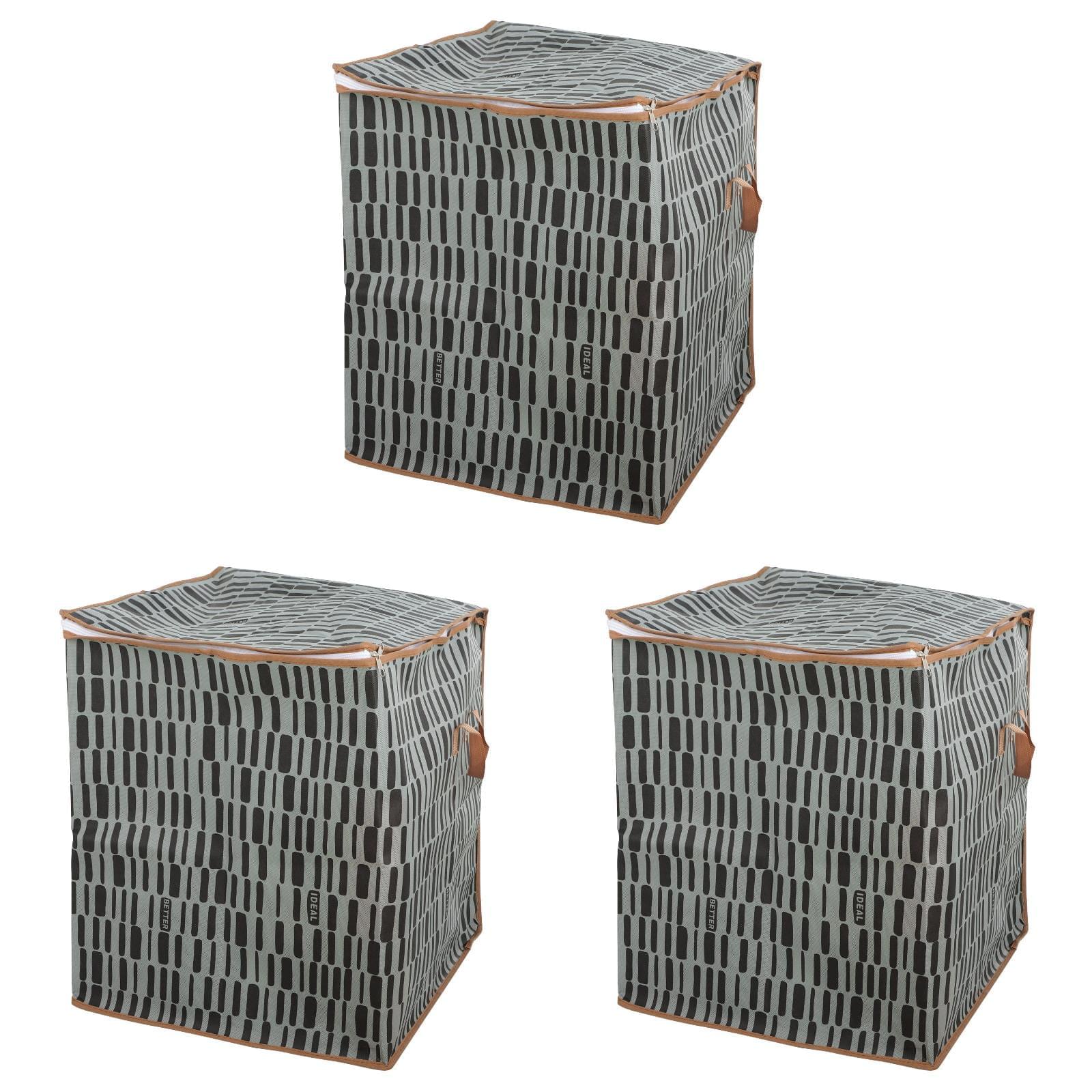 Set of folding storage bags with zipper, gray grid pattern, tan handles