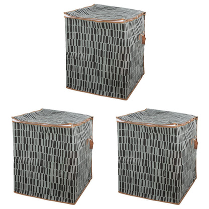 Set of folding storage bags with zipper, gray grid pattern, tan handles