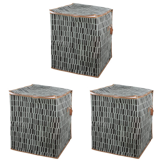 Set of folding storage bags with zipper, gray grid pattern, tan handles