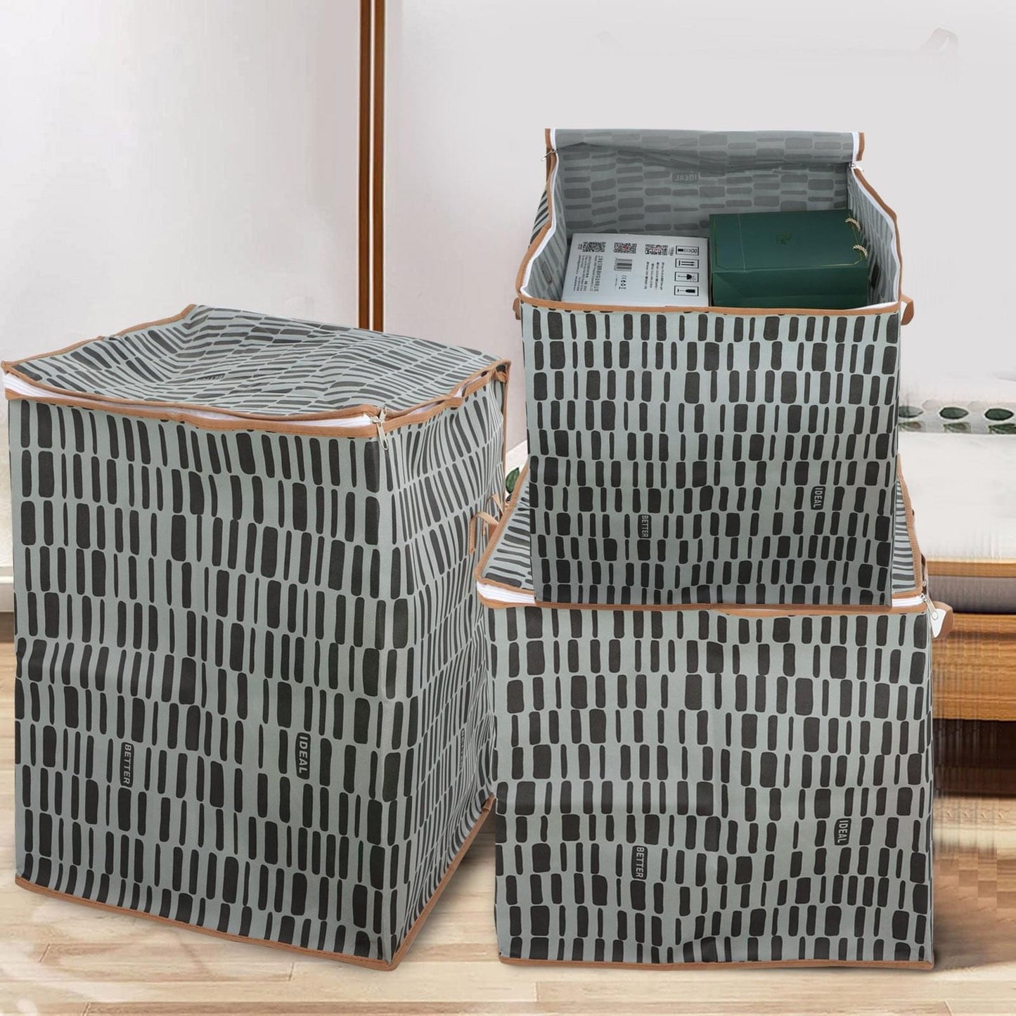 Folding storage bag with zipper, gray grid pattern, open top for blankets and linens