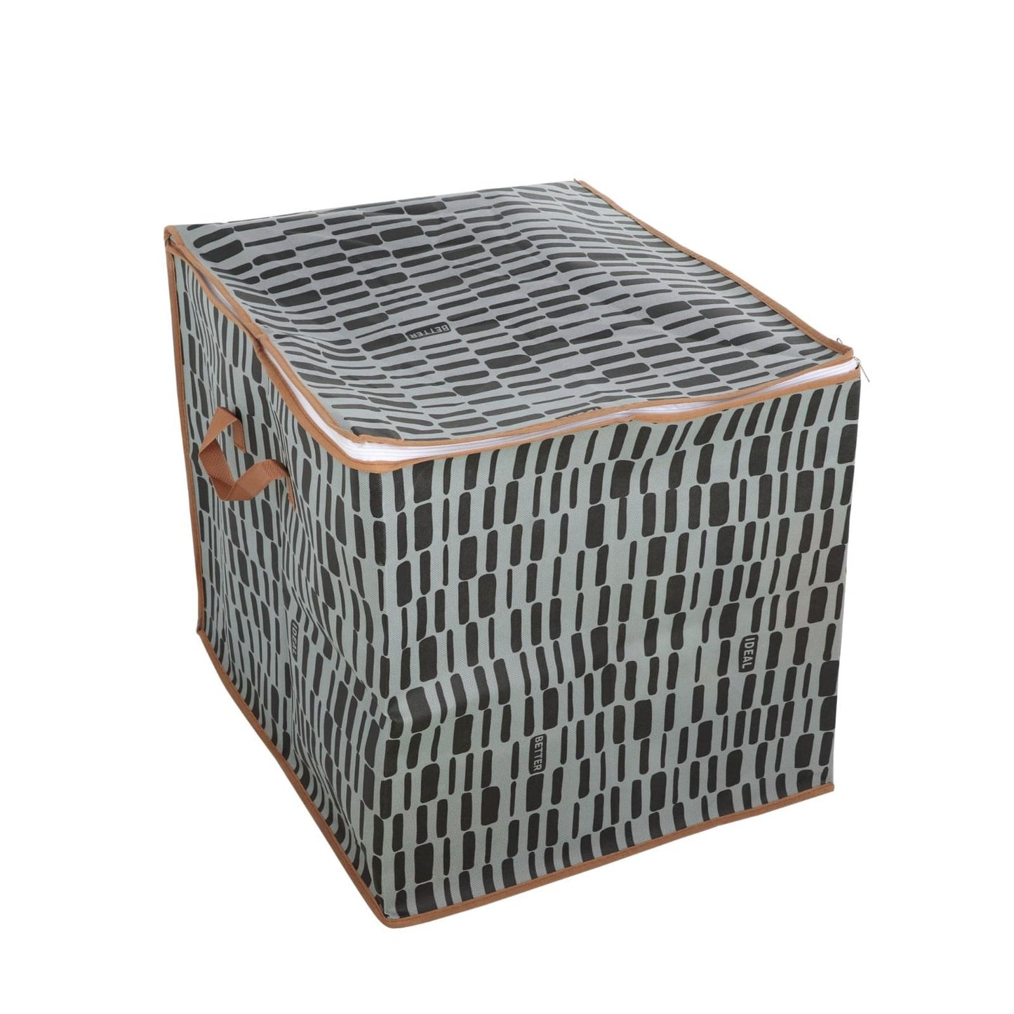 Folding storage bag with zipper, gray grid pattern, tan handle, open top