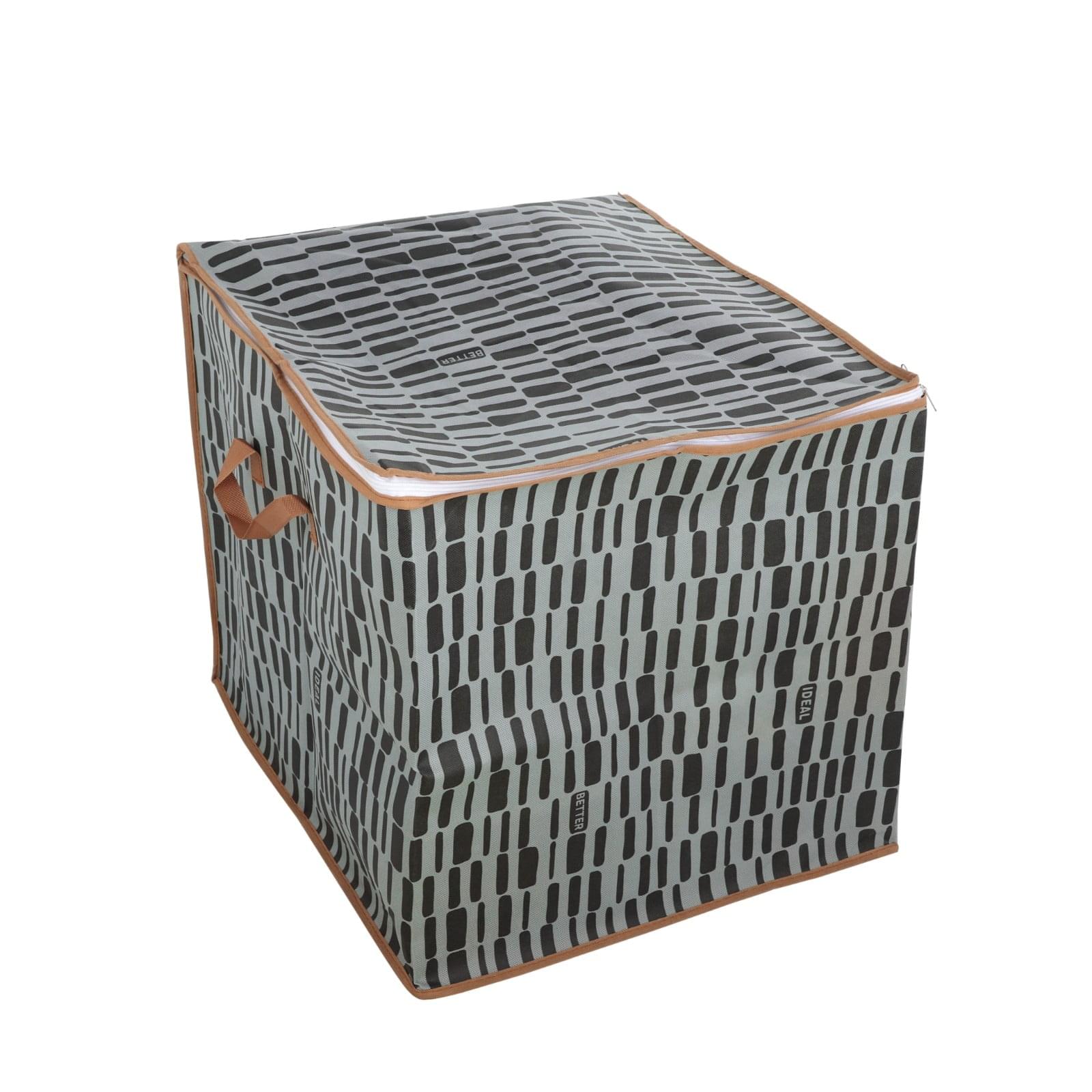 Folding storage bag with zipper, gray grid pattern, tan handle, open top