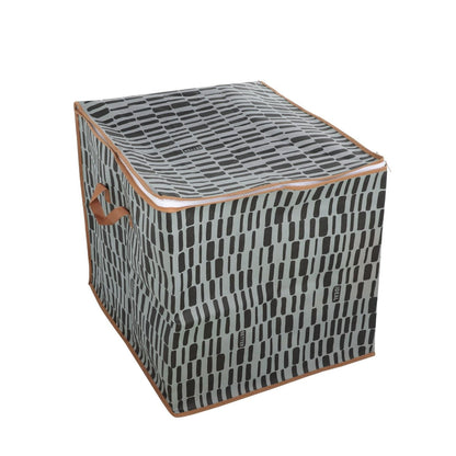 Folding storage bag with zipper, gray grid pattern, tan handle, open top